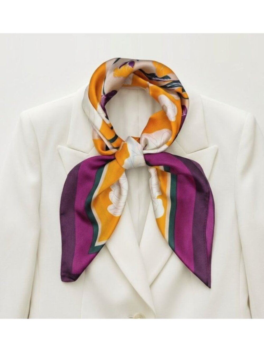 ✨Luxury Silky Satin Scarf Bandana Yellow Purple Color Block Floral Soft Wrap